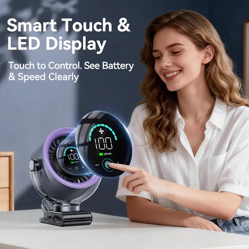 4000mAh Rechargeable Portable Clip on Fan-100-Speed Touch Control, LED Display, 360° Rotate Quiet Turbo Desk Fan, Small Battery Operated USB Fan for Stroller Bed Travel Camping Golf Gym summerwins,dorm essentials,home essentials